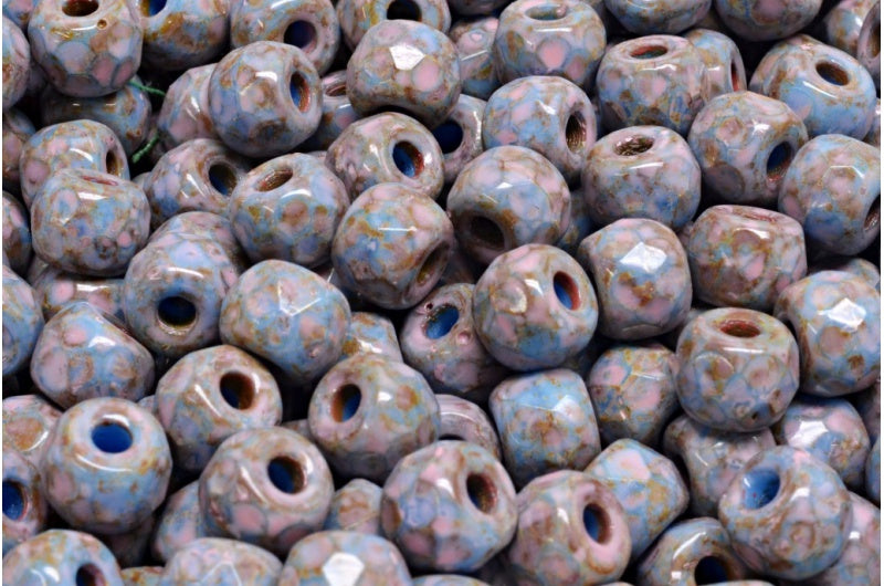 ファセット加工のポニーベーグルビーズ、不透明ブルートラバーチン、温かみのある紫色の斑点（33100-86800-33304）、ガラス、チェコ共和国