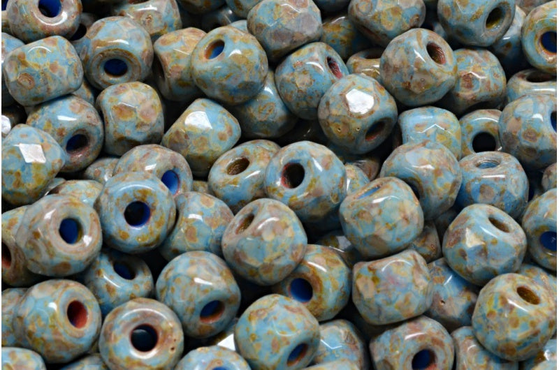 ファセット加工のポニーベーグルビーズ、ブルートラバーチン、ベージュトラバーチン、スポット（63050-86800-33301）、ガラス、チェコ共和国