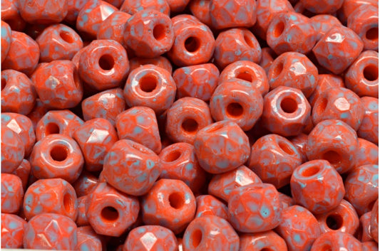 ファセット加工のポニーベーグルビーズ、ディープオレンジターコイズスポット（93140-33309）、ガラス、チェコ共和国