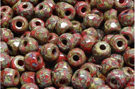 ファセット加工のポニーベーグルビーズ、不透明レッドトラバーチン（93200-86800）、ガラス、チェコ共和国