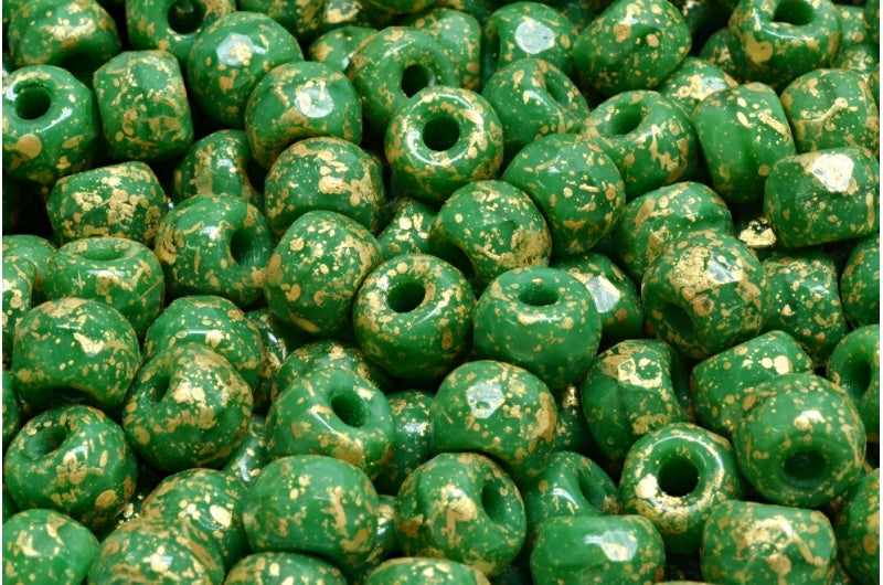 多面小马贝果珠，不透明绿色 56215 金色泼溅 (53330-56215-94401)，玻璃，捷克共和国