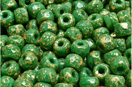 多面小马贝果珠，不透明绿色 56215 金色泼溅 (53330-56215-94401)，玻璃，捷克共和国