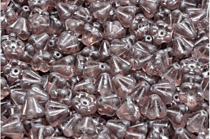 ベルフラワービーズ、透明ライトアメジスト、シルバーライン（20030-54301）、ガラス、チェコ共和国