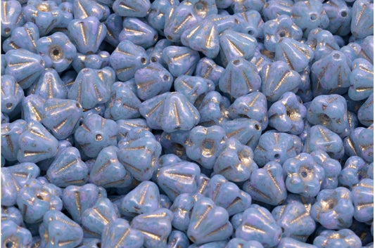 Bell Flower Beads, Opal Aqua Gold Lined Cold Purple Spotted (61010-54302-33305), Glass, Czech Republic