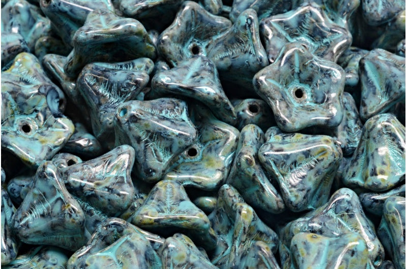 ペチュニアフラワービーズ、ブラックトラバーチンターコイズスポット（23980-86800-33309）、ガラス、チェコ共和国