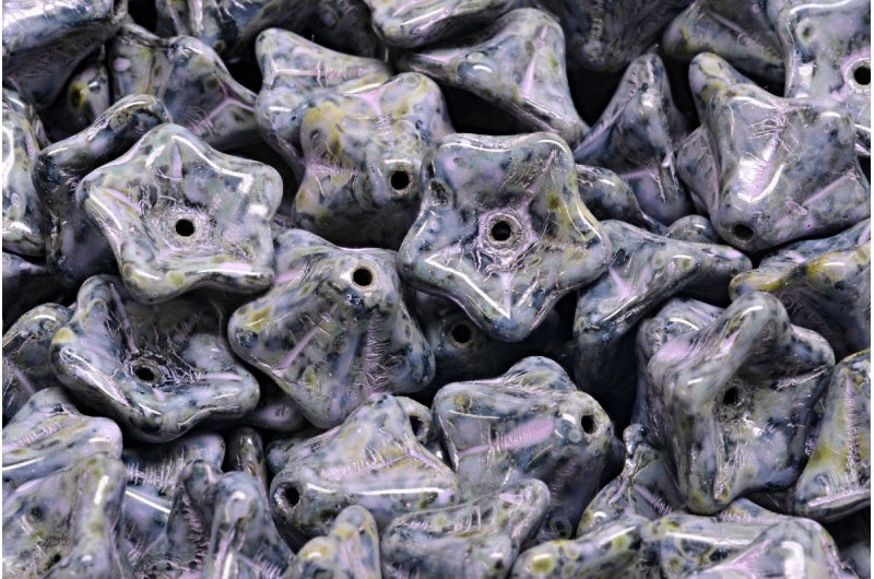 ペチュニアフラワービーズ、ブラックトラバーチンコールドパープルスポット（23980-86800-33305）、ガラス、チェコ共和国