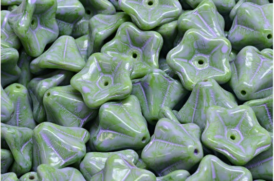 ペチュニアフラワービーズ、不透明グリーン、コールドパープルスポット（54020-33305）、ガラス、チェコ共和国