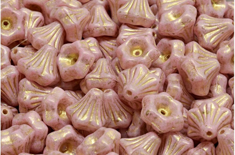 フラワーベルビーズ、ホワイトゴールドの裏地付き、温かみのある紫色の斑点模様（02010-54302-33304）、ガラス、チェコ共和国