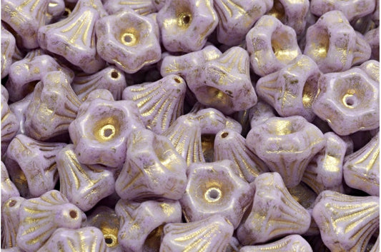 フラワーベルビーズ、ホワイトゴールドライン入り、コールドパープルスポット（02010-54302-33305）、ガラス、チェコ共和国