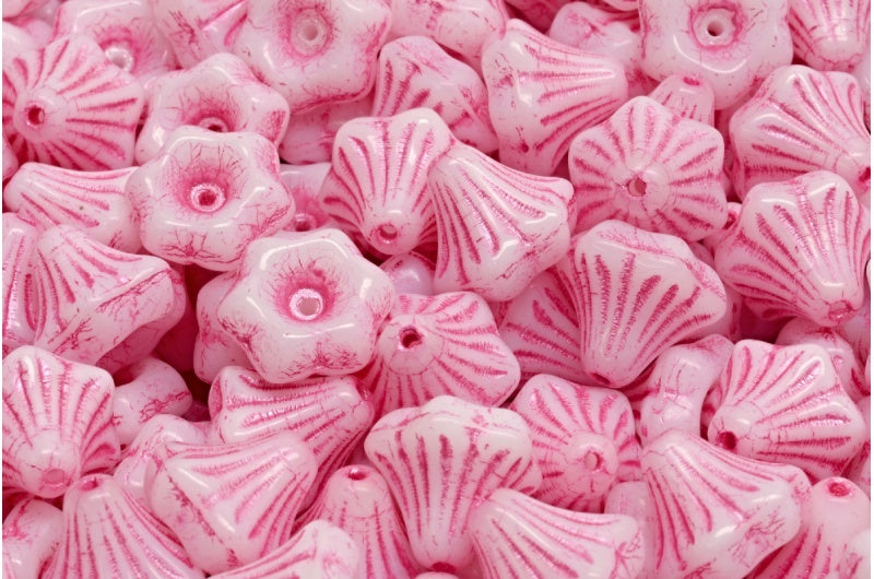 フラワーベルビーズ、ホワイトピンクライン（02010-54321）、ガラス、チェコ共和国
