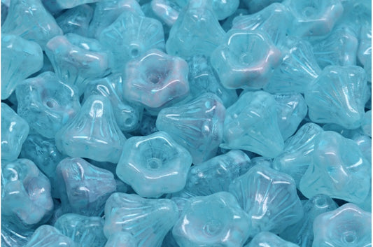 フラワーベルビーズ、26028 ターコイズスポッテッド (26028-33309)、ガラス、チェコ共和国