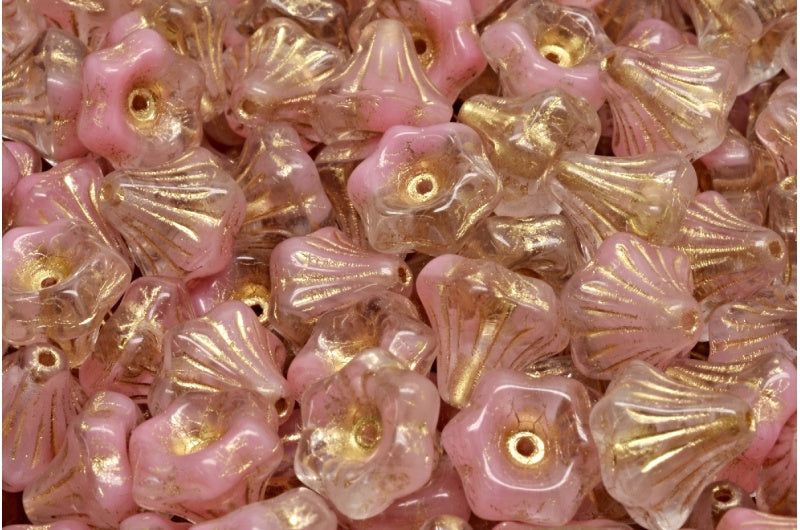 花朵铃铛珠，不透明粉色镀金（76018-54302），玻璃，捷克共和国