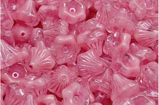 フラワーベルビーズ、不透明ピンク、ピンクライン入り（76018-54321）、ガラス、チェコ共和国