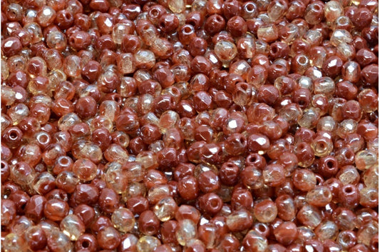 ファセット加工ラウンドファイアポリッシュビーズ、不透明ブラウンオパールホワイトヘマタイト（13600-01000-14400）、ガラス、チェコ共和国