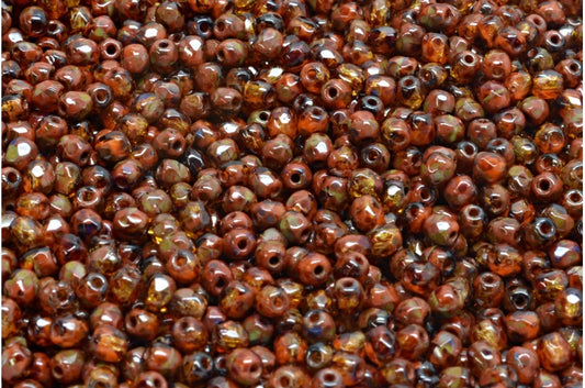 ファセット加工ラウンドファイアポリッシュビーズ、不透明ブラウンオパールホワイトトラバーチン（13600-01000-86800）、ガラス、チェコ共和国