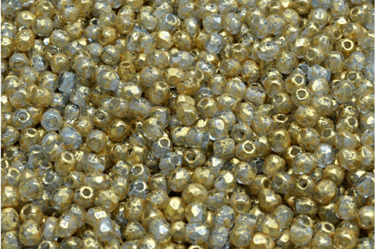 ファセット加工ラウンドファイアポリッシュビーズ、透明ブルーゴールドスプラッシュ（30020-94401）、ガラス、チェコ共和国