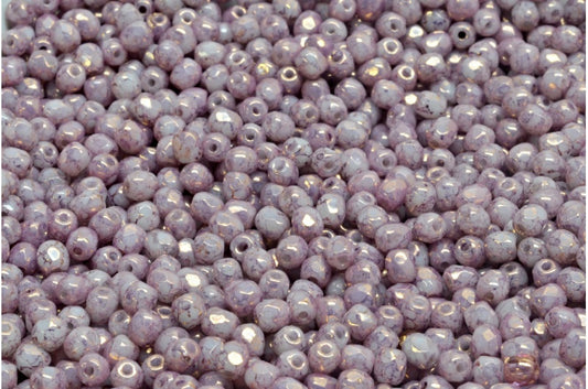 ファセット加工のラウンド型ファイヤーポリッシュビーズ、不透明グリーンテラコッタバイオレット（53100-15496）、ガラス、チェコ共和国