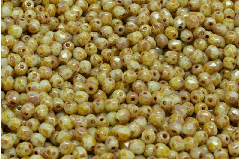 ファセット加工の丸型ファセットポリッシュビーズ、不透明グリーントラバーチン（53100-86800）、ガラス、チェコ共和国