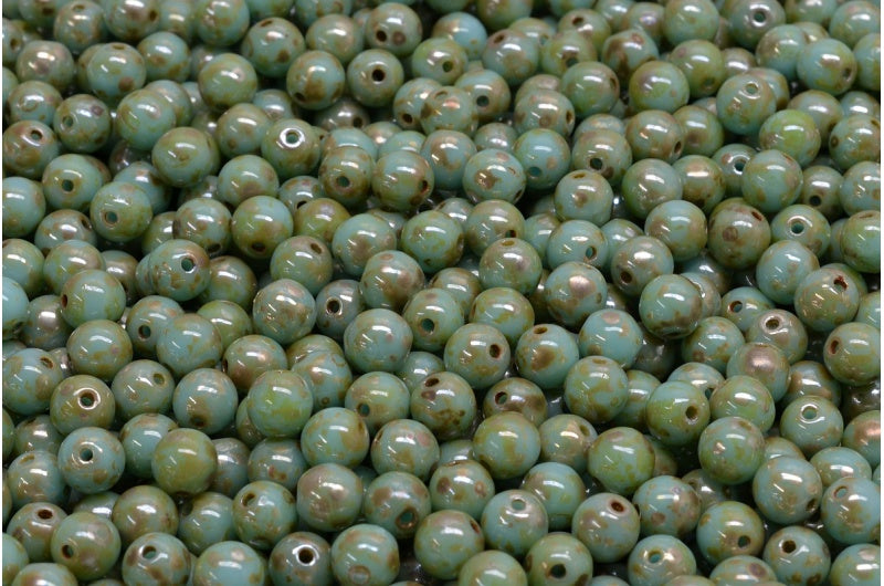 Round Druck Beads, Turquoise Blue Picasso (63030-43400), Glass, Czech Republic