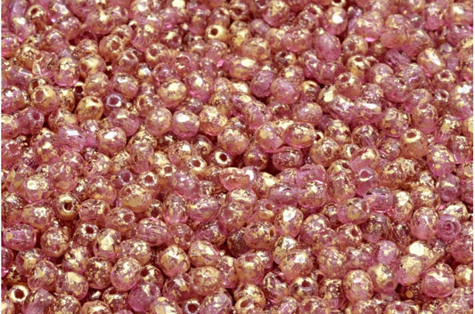 ファセット加工ラウンドファイアポリッシュビーズ、透明レッドゴールドスプラッシュ（70350-94401）、ガラス、チェコ共和国