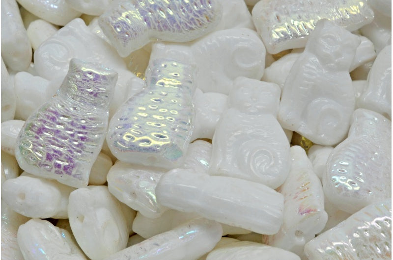 Cat Beads, White Ab (02010-28701), Glass, Czech Republic