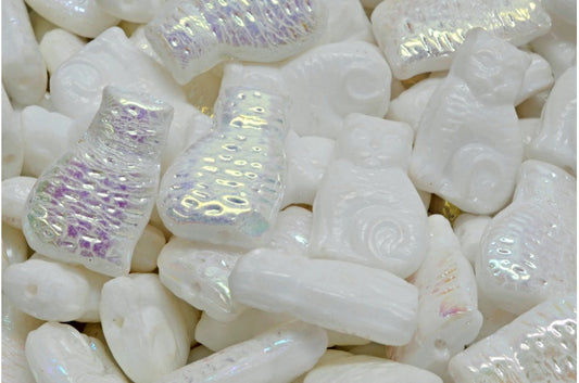 Cat Beads, White Ab (02010-28701), Glass, Czech Republic