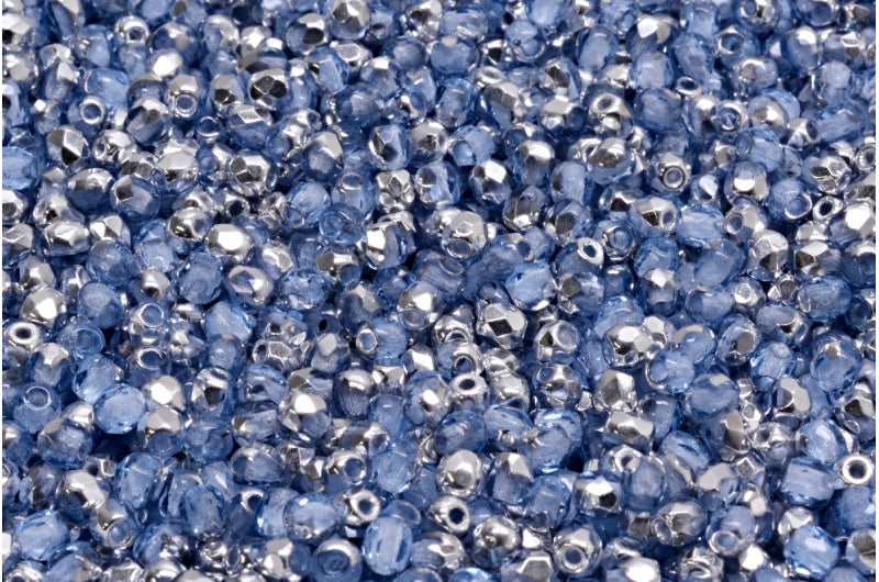 Faceted Round Fire Polished Beads, Transparent Blue Crystal Silver Half Coating (30020-27001), Glass, Czech Republic