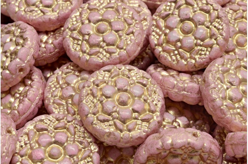 Spring Flower Round Beads, White Gold Lined Warm Purple Spotted (02010-54302-33304), Glass, Czech Republic