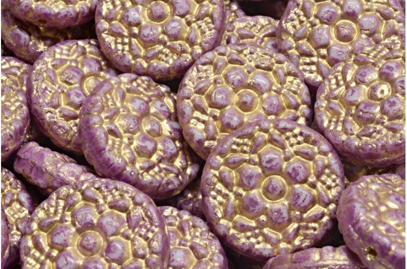 Spring Flower Round Beads, White Gold Lined Pink Spotted (02010-54302-33306), Glass, Czech Republic