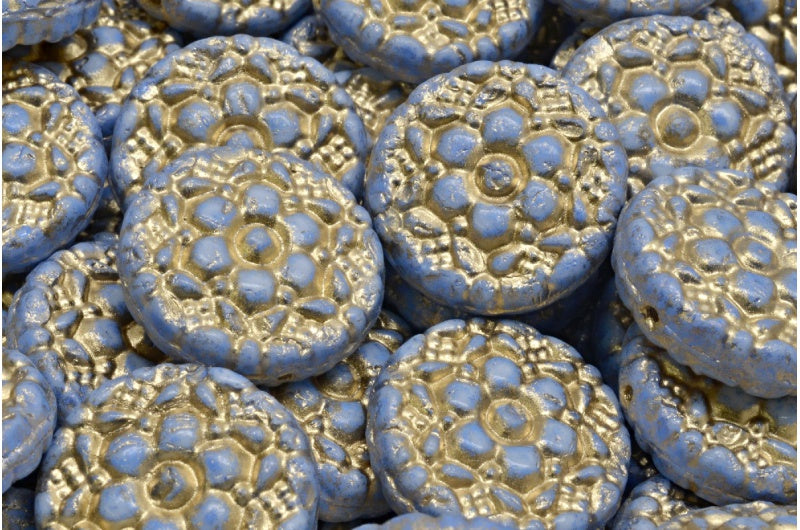 Spring Flower Round Beads, White Gold Lined Blue Spotted (02010-54302-33308), Glass, Czech Republic