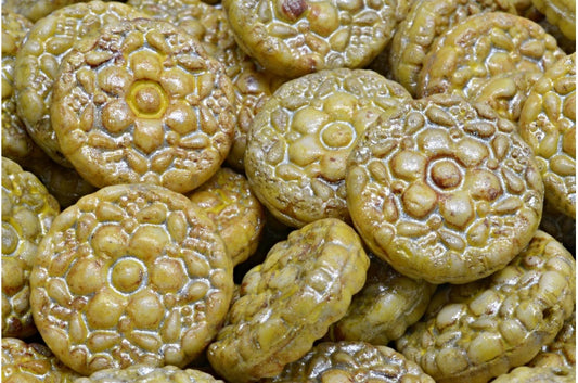 Spring Flower Round Beads, White Travertin Beige Yellow Spotted E4301 (02010-86800-33303-E4301), Glass, Czech Republic