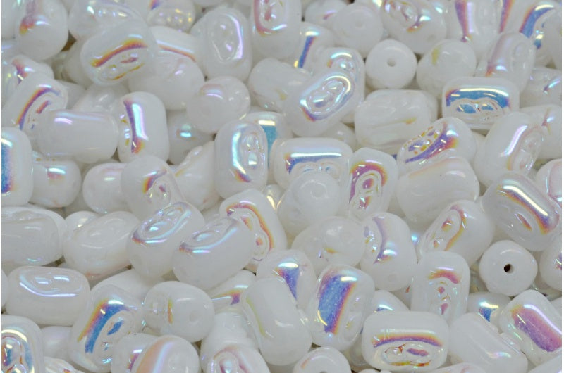 Oval Beads With Design Beads, White Ab Full (2X Side) (02010-28703), Glass, Czech Republic