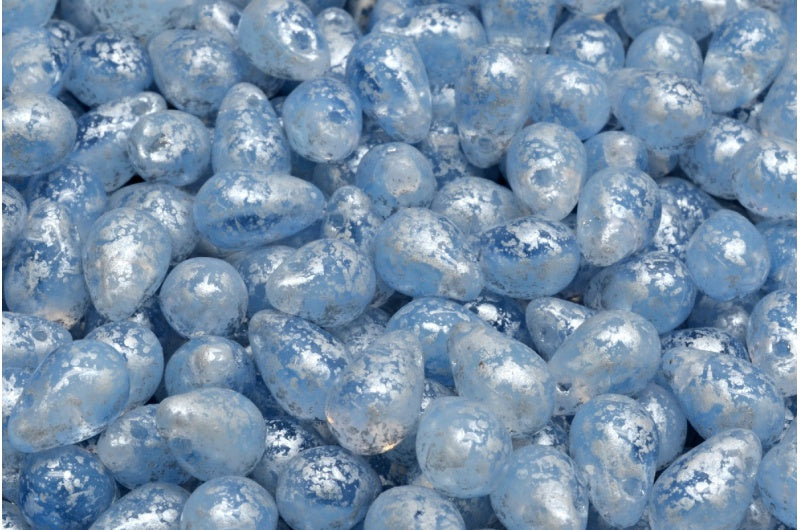 Drop Beads, Opal White Transparent Blue Silver Splash (01000-30020-94400), Glass, Czech Republic