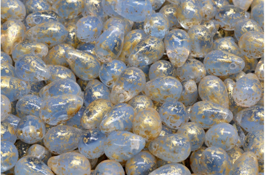 Drop Beads, Opal White Transparent Blue Gold Splash (01000-30020-94401), Glass, Czech Republic