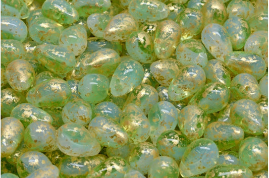 Drop Beads, Opal White Transparent Green Gold Splash (01000-50800-94401), Glass, Czech Republic