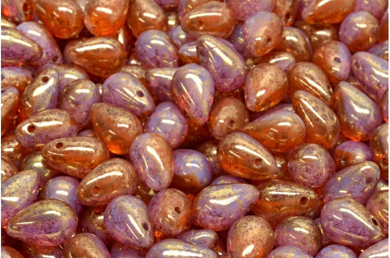 Drop Beads, Opal White Transparent Orange Terracotta Violet (01000-90020-15496), Glass, Czech Republic