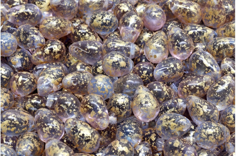 Drop Beads, Transparent Light Amethyst Transparent Blue Gold Splash (20030-30020-94401), Glass, Czech Republic