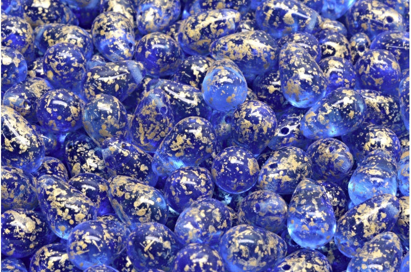 Drop Beads, Transparent Blue Gold Splash (30040-94401), Glass, Czech Republic