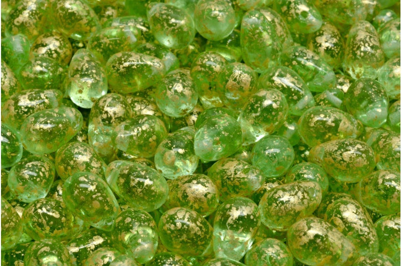 Drop Beads, Transparent Green Gold Splash (50500-94401), Glass, Czech Republic