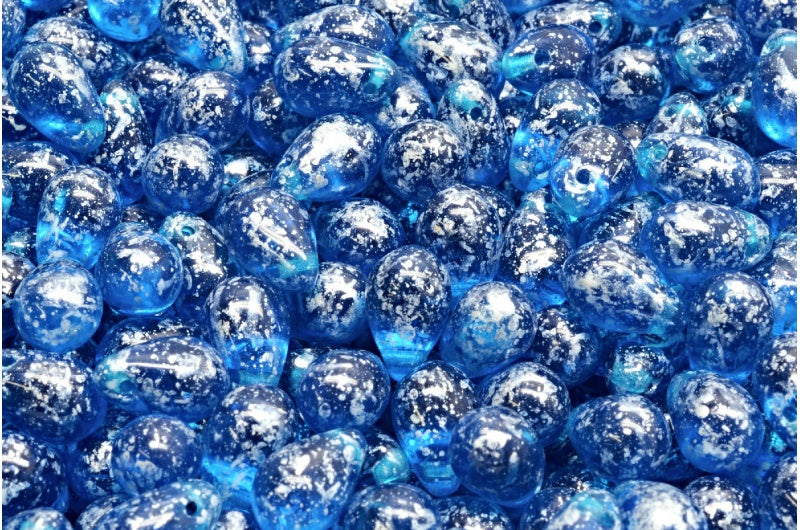 Drop Beads, Transparent Aqua Silver Splash (60080-94400), Glass, Czech Republic