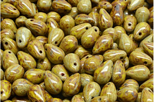 Drop Beads, Opaque Green Travertin (53400-86800), Glass, Czech Republic