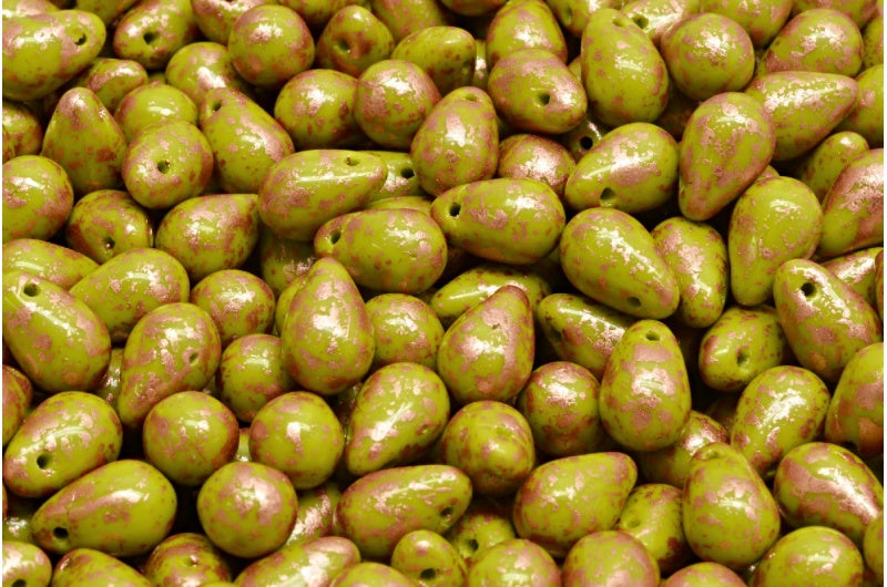 Drop Beads, Opaque Green Copper Splash (53400-94402), Glass, Czech Republic