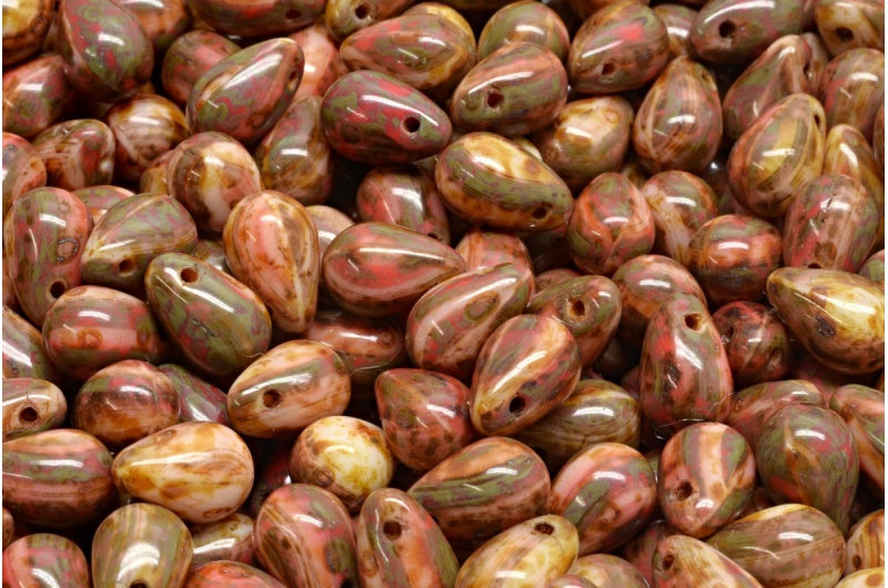 Drop Beads, Green Purple Travertin (95000-86800), Glass, Czech Republic