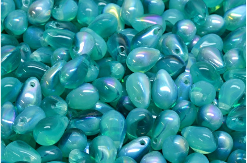 OUTLET 10 grams Drop Beads, 6 x 9 mm, Opal Aqua Transparent Aqua Ab (61100-60230-28701), Glass, Czech Republic