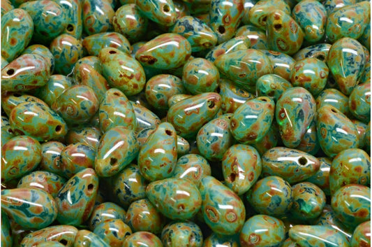 OUTLET 10 grams Drop Beads, 6 x 9 mm, Opal Aqua Transparent Aqua Travertin (61100-60230-86800), Glass, Czech Republic