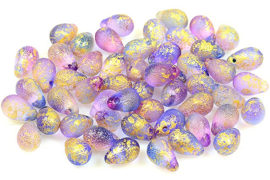 Drop Beads, Blue Violet Etched 56902 (48002-LEPT-56902), Glass, Czech Republic
