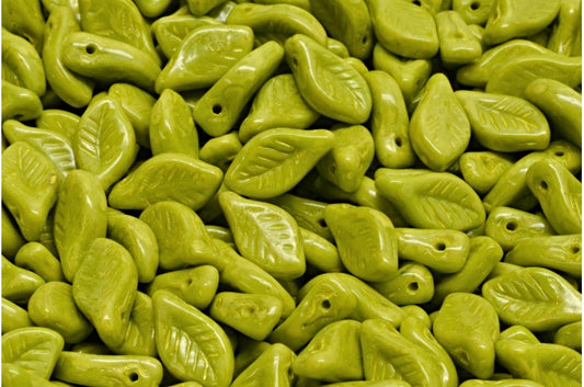 Bay Leaf Beads, Opaque Green Beige Yellow Spotted (53400-33303), Glass, Czech Republic