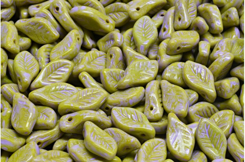 Bay Leaf Beads, Opaque Green Cold Purple Spotted (53400-33305), Glass, Czech Republic