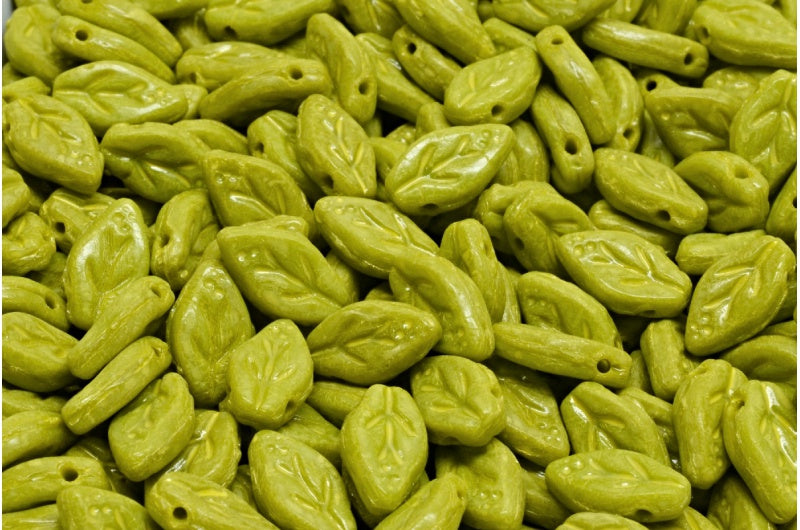 Cherry Leaf Beads, Opaque Green Beige Yellow Spotted (53400-33303), Glass, Czech Republic