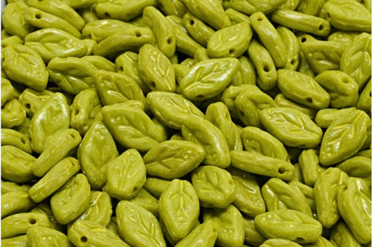 Cherry Leaf Beads, Opaque Green Beige Yellow Spotted (53400-33303), Glass, Czech Republic